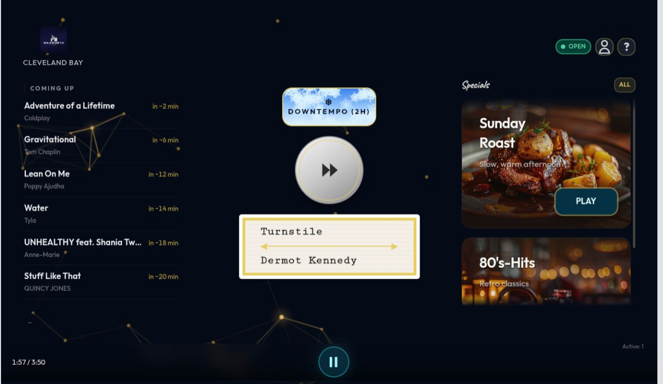 Stylish Ambience venue player in landscape, showing the full playback layout